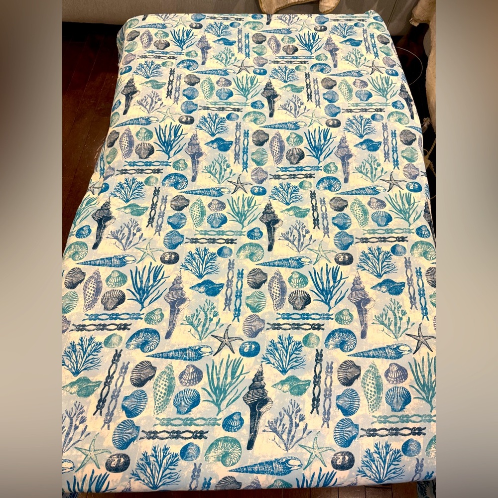 Nautical Themed Tablecloth with Sea Life Print in  Blues & White Approx. 68”x53”